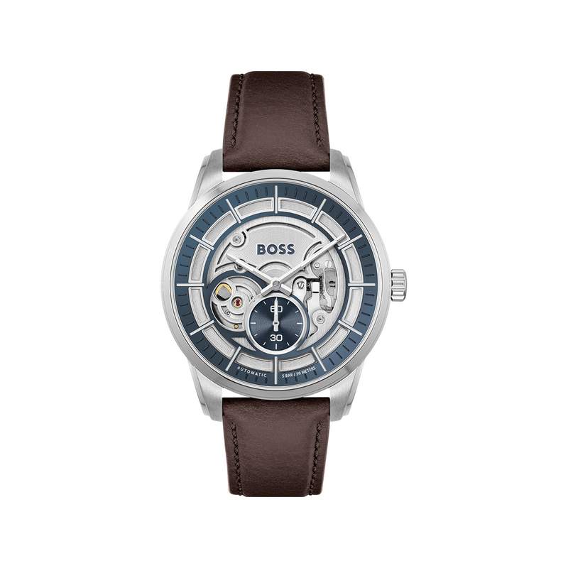 Montre Boss homme automatique acier bracelet cuir marron - vue 1