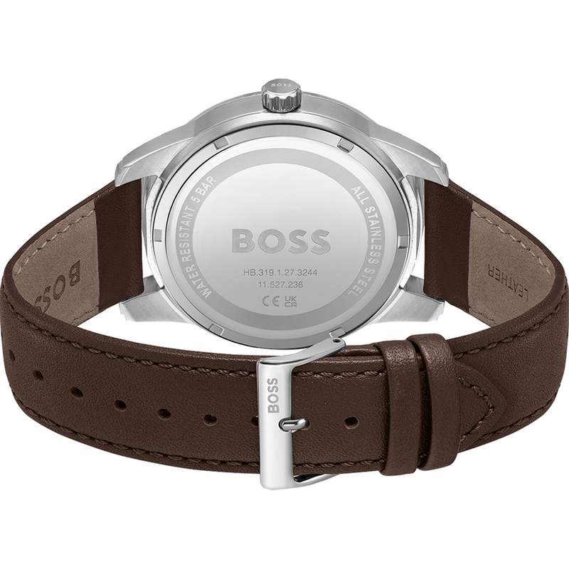 Montre Boss homme automatique acier bracelet cuir marron - vue 3