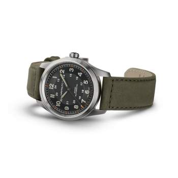 Hamilton herenhorloge met automatisch uurwerk, titanium kast en zwarte leren band