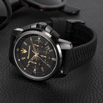 Montre MASERATI acier noir homme bracelet caoutchouc noir - vue D1