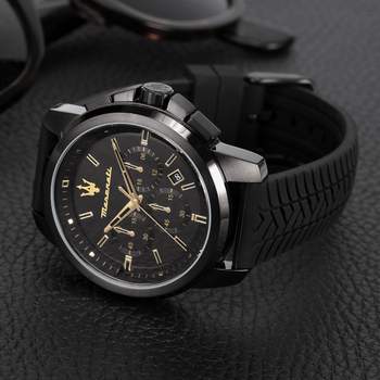 MASERATI black steel men's watch with black rubber strap