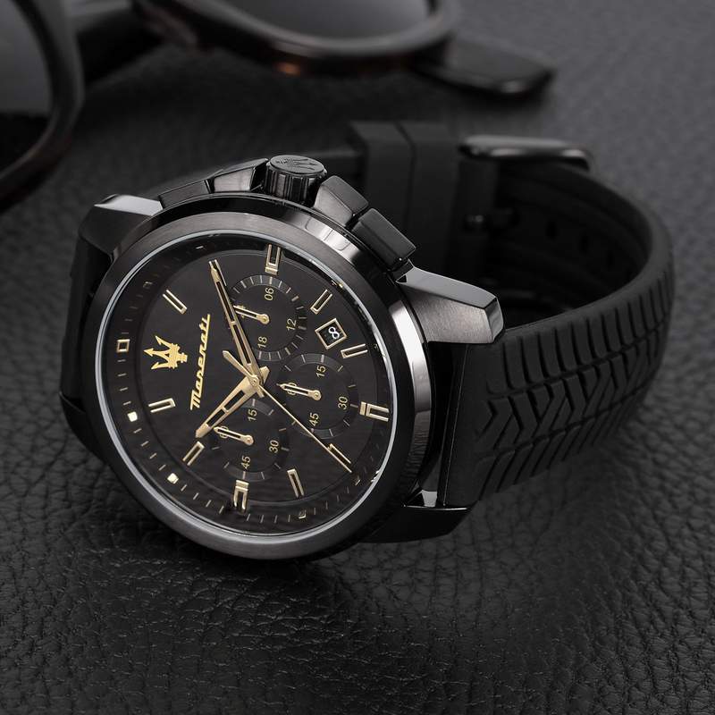 Montre MASERATI acier noir homme bracelet caoutchouc noir - vue D1