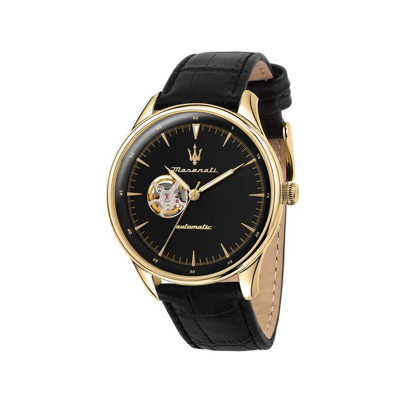 Montre MASERATI homme automatique acier doré jaune bracelet cuir noir - vue 1