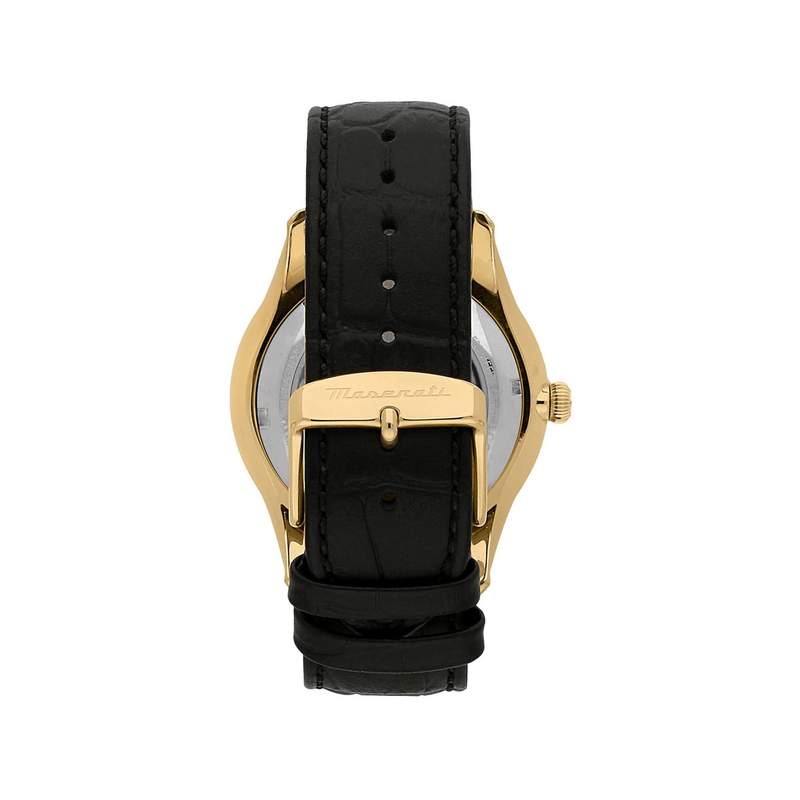 Montre MASERATI homme automatique acier doré jaune bracelet cuir noir - vue 3