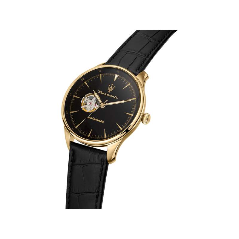 Montre MASERATI homme automatique acier doré jaune bracelet cuir noir - vue 4