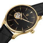Montre MASERATI homme automatique acier doré jaune bracelet cuir noir - vue D1