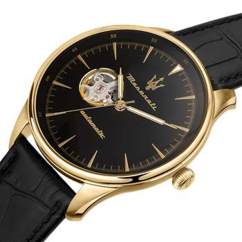 MASERATI herenhorloge, automatisch, geelgoudkleurig staal, zwarte leren band