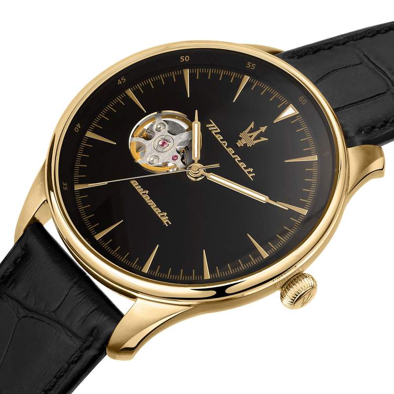 Montre MASERATI homme automatique acier doré jaune bracelet cuir noir - vue D1