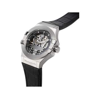 MASERATI herenhorloge van automatisch roestvrij staal met zwarte leren band