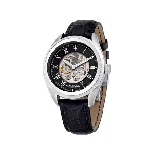 MASERATI men's automatic steel watch with black leather strap