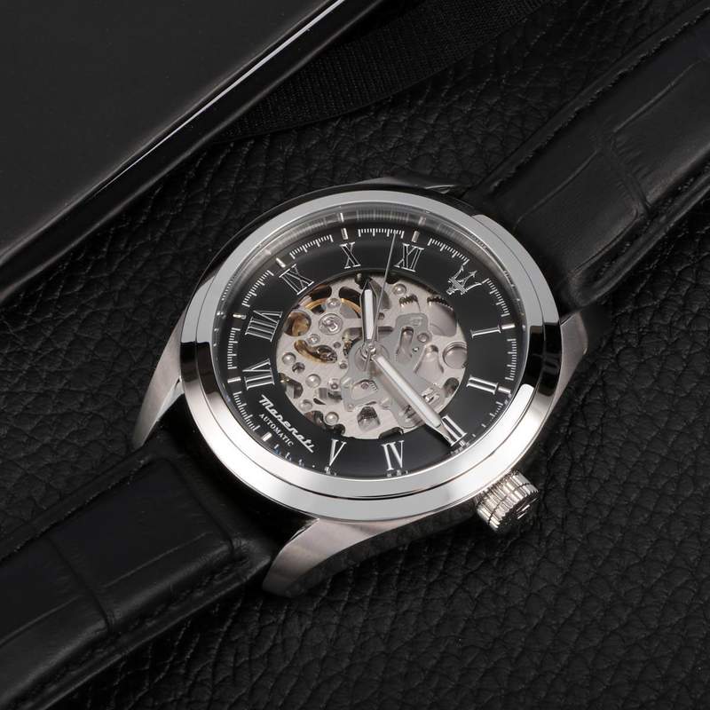 Montre MASERATI homme automatique acier bracelet cuir noir - vue D1