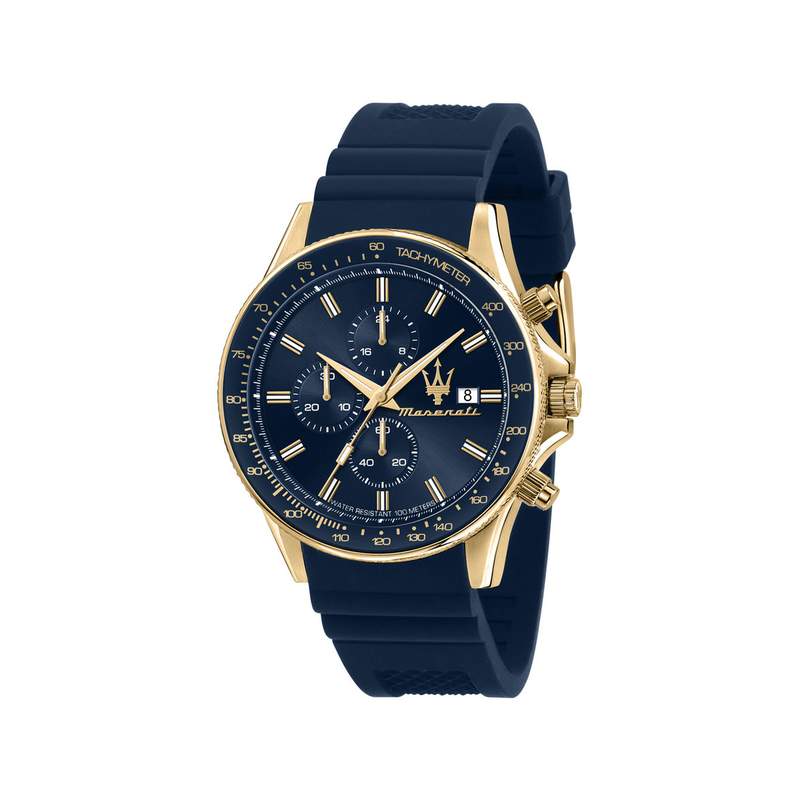 Montre MASERATI homme acier doré jaune bracelet silicone bleu - vue 1