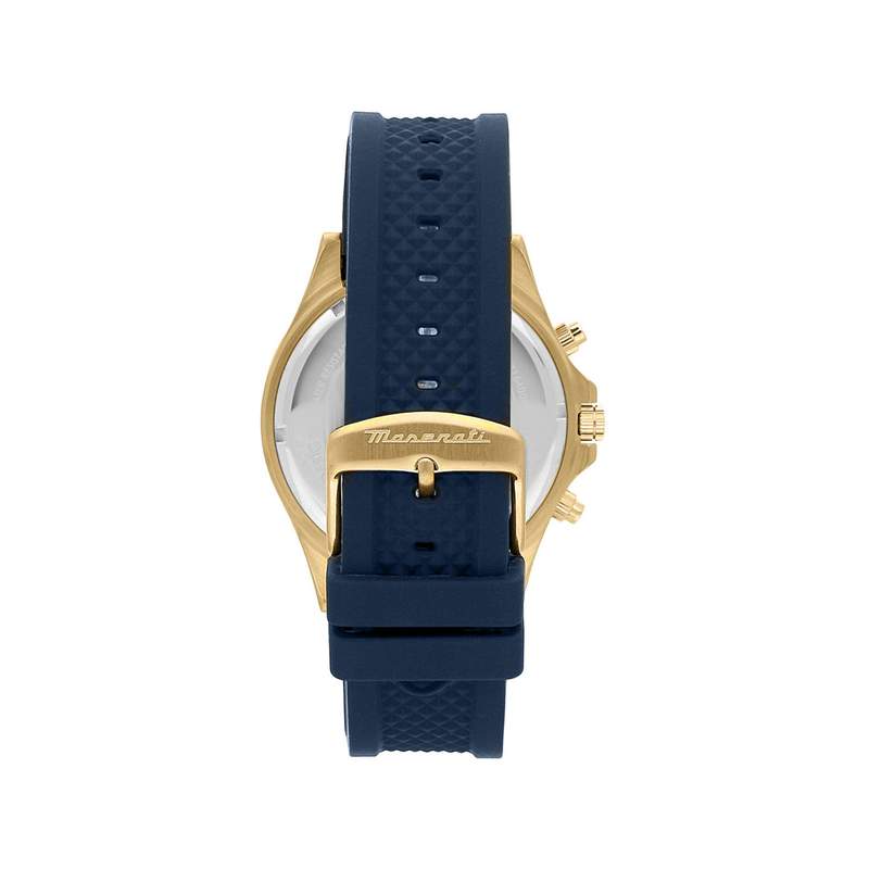 Montre MASERATI homme acier doré jaune bracelet silicone bleu - vue 3