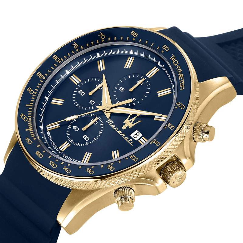 Montre MASERATI homme acier doré jaune bracelet silicone bleu - vue D1