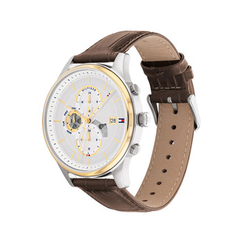 Montre TOMMY HILFIGER Weston homme acier doré jaune bracelet cuir marron