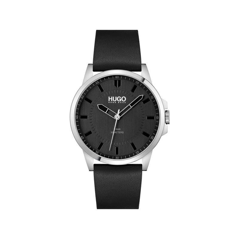 Montre HUGO First homme acier bracelet cuir noir - vue 1