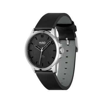 HUGO First herenhorloge van roestvrij staal met zwarte leren band