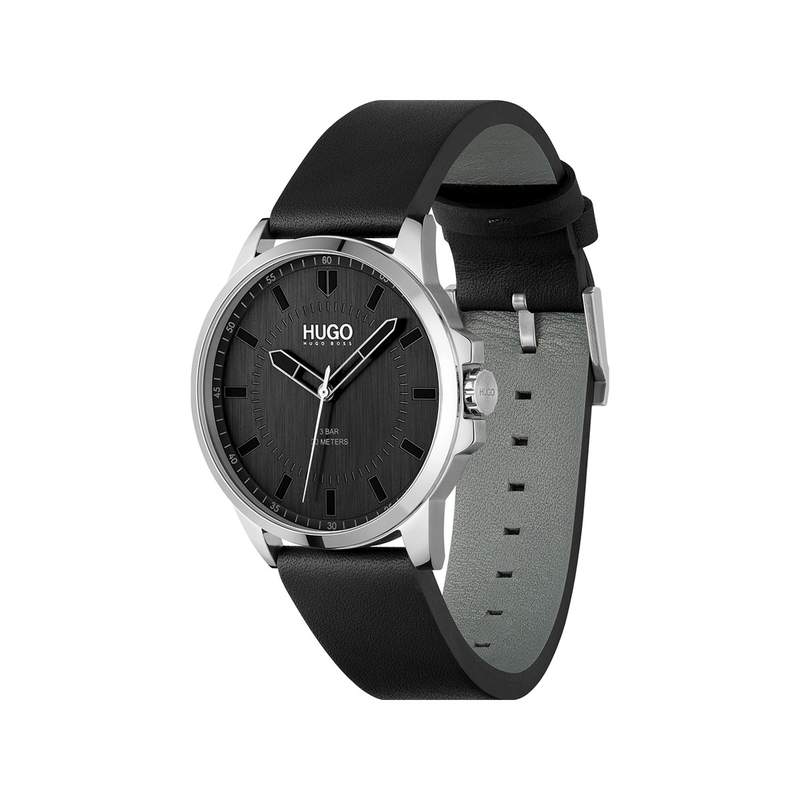 Montre HUGO First homme acier bracelet cuir noir - vue 2