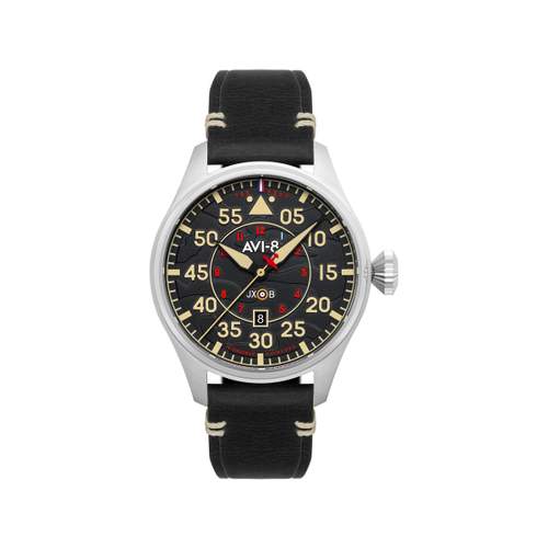 AVI-8 Hawker Hurricane herenhorloge van staal met zwarte leren band. Gelimiteerde editie.
