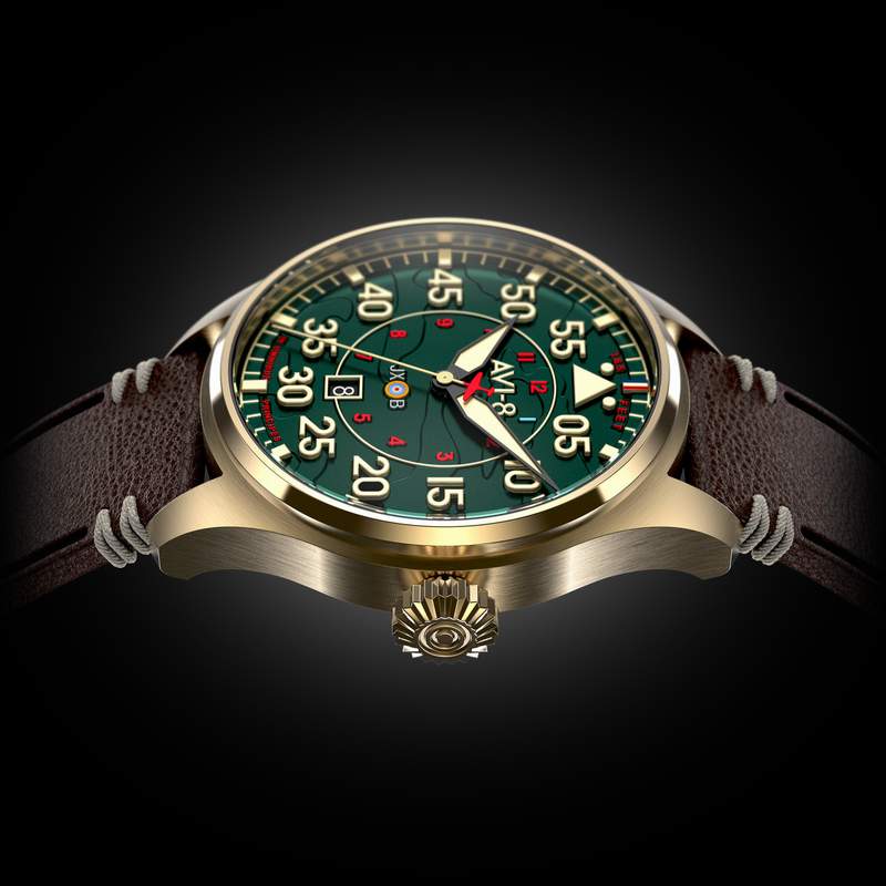 Montre AVI-8 Hawker Hurricane homme acier bracelet cuir marron. Edition limitée. - vue 2
