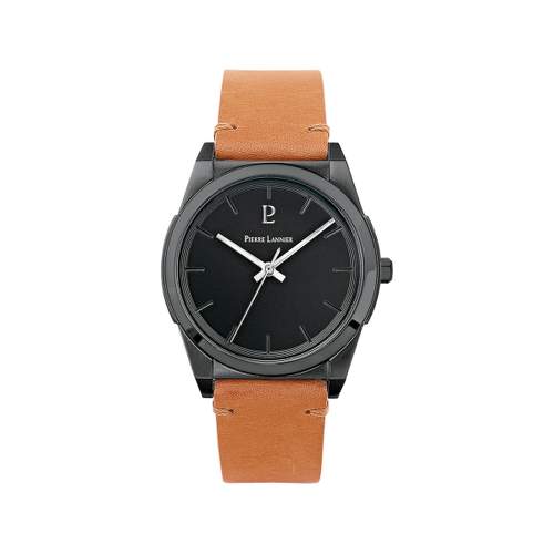 PIERRE LANNIER Candide herenhorloge zwart staal bruin lederen band