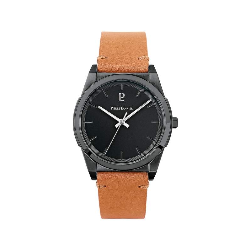 Montre PIERRE LANNIER Candide homme acier noir bracelet cuir marron - vue 1