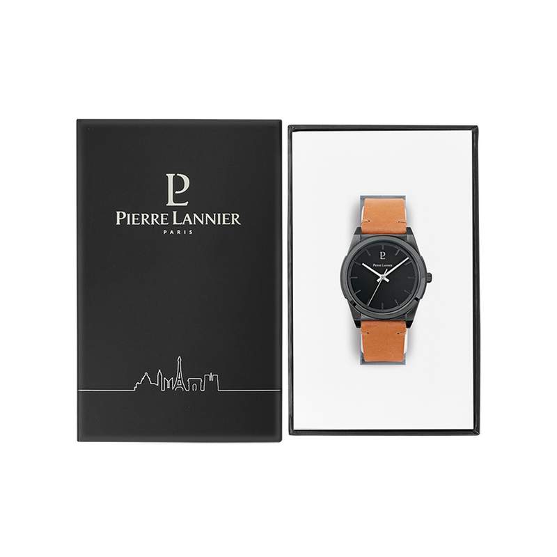 Montre PIERRE LANNIER Candide homme acier noir bracelet cuir marron - vue D1