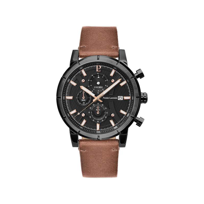 Montre PIERRE LANNIER Critérium homme quartz acier noir bracelet cuir marron - vue 1