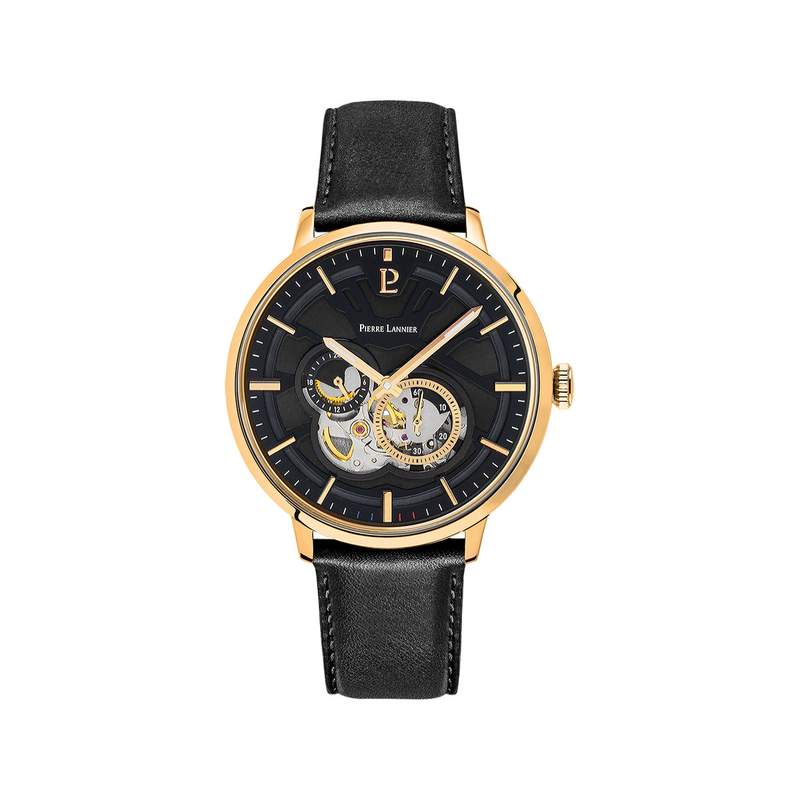 Montre PIERRE LANNIER Trio homme automatique acier doré bracelet cuir noir - vue 1
