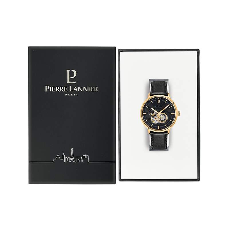 Montre PIERRE LANNIER Trio homme automatique acier doré bracelet cuir noir - vue D1