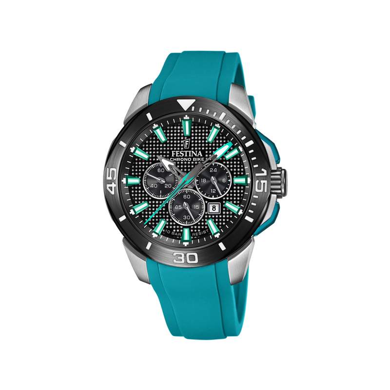 Montre FESTINA Chronobike homme chronographe acier bracelet caoutchouc bleu turquoise - vue 1