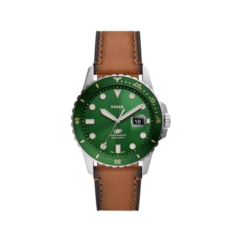 FOSSIL Blue herenhorloge met bruine leren band - afbeelding 1