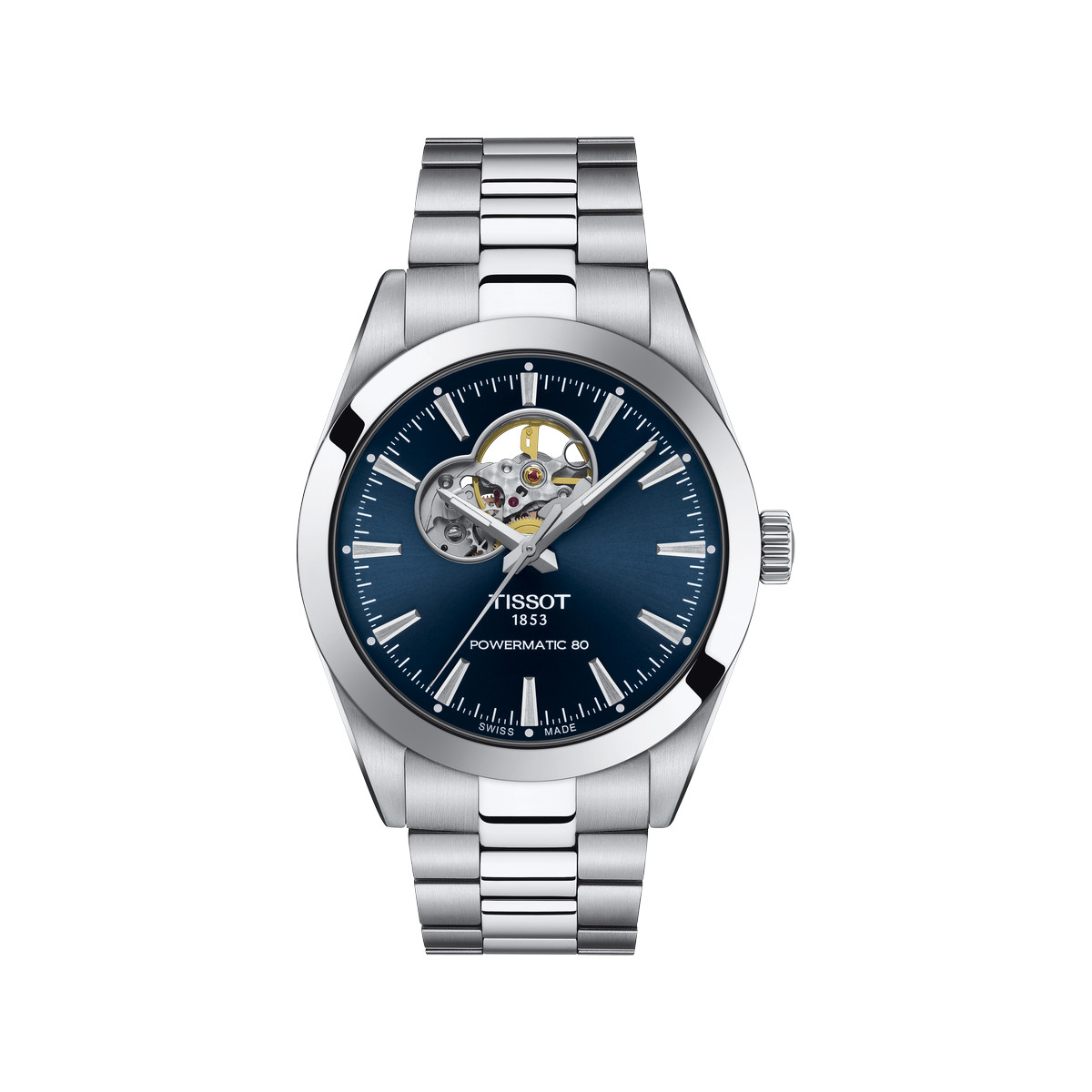 TISSOT T-CLASSIC GENTLEMAN OPEN HEART POWERMATIC 80 gemengd automatisch horloge blauwe wijzerplaat roestvrijstalen armband