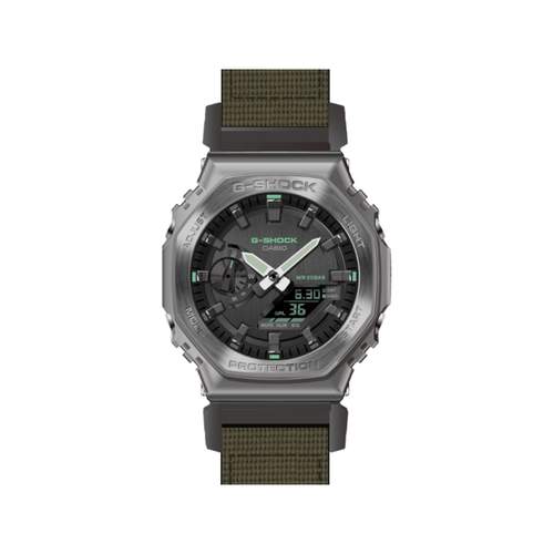 G-SHOCK men's steel watch with khaki green resin bracelet