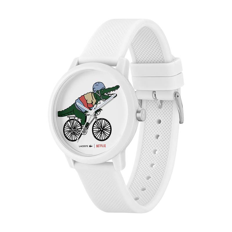Montre LACOSTE.12.12 Netflix homme TR90 blanc bracelet silicone blanc - vue D1