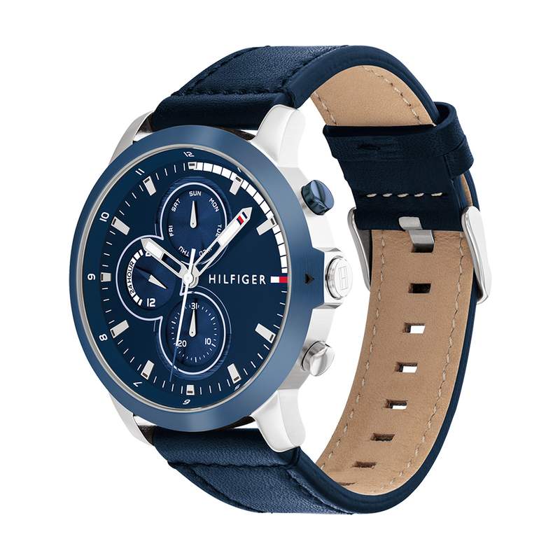 Montre TOMMY HILFIGER Jameson homme  acier bracelet cuir bleu - vue D1