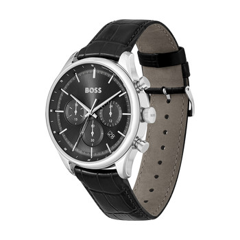BOSS Sport Lux stalen herenhorloge met zwarte leren band