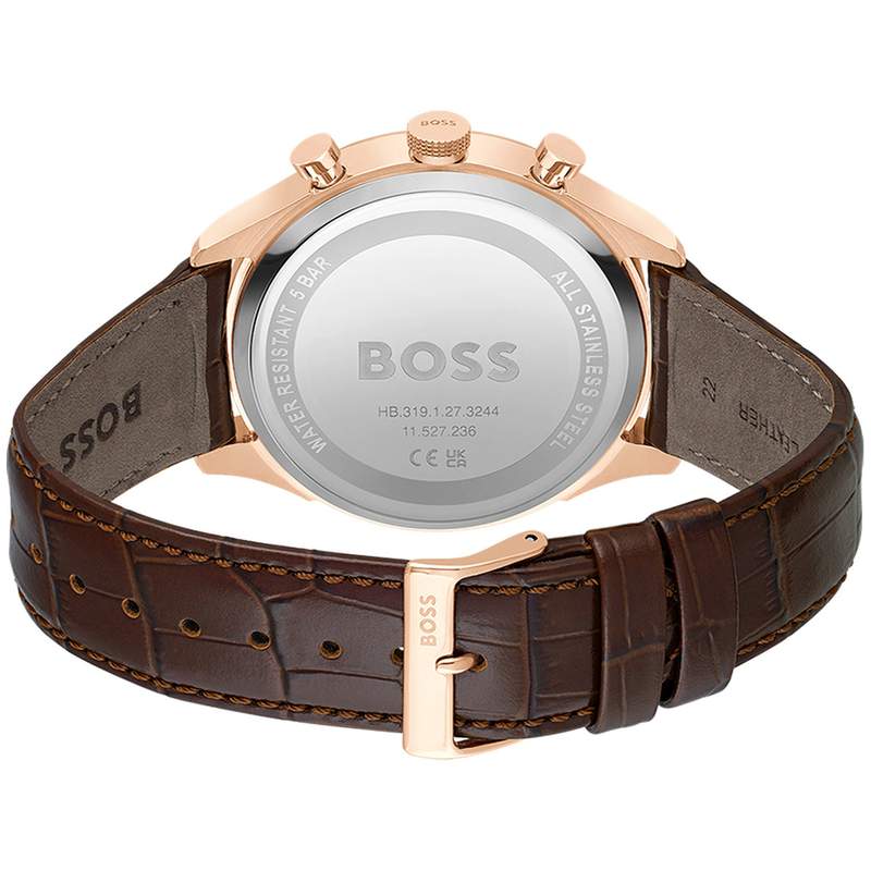 BOSS Sport Lux men's pink gold stainless steel watch with brown leather strap - view 3