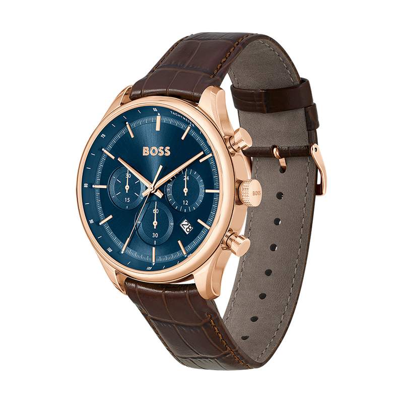 BOSS Sport Lux men's pink gold stainless steel watch with brown leather strap - view D1