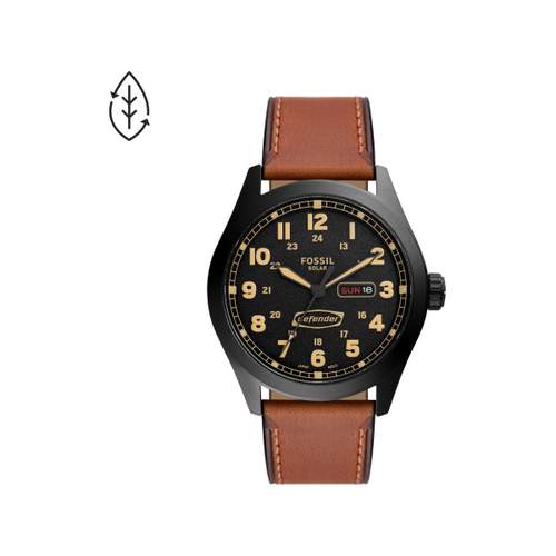 FOSSIL Defender herenhorloge van zwart staal op zonne-energie met bruine leren band