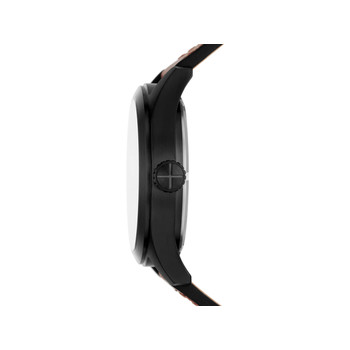 FOSSIL Defender herenhorloge van zwart staal op zonne-energie met bruine leren band