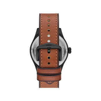 FOSSIL Defender herenhorloge van zwart staal op zonne-energie met bruine leren band