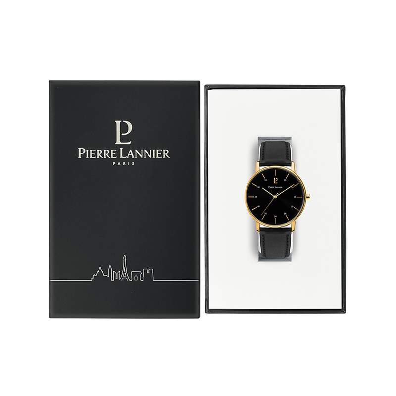 Montre PIERRE LANNIER Cityline homme acier doré bracelet cuir noir - vue D1