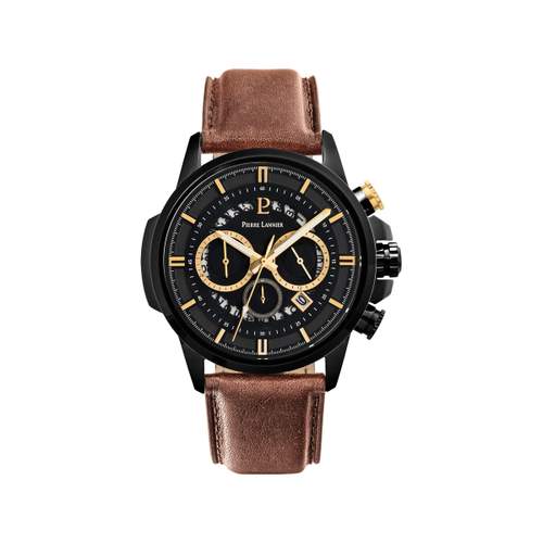 Montre PIERRE LANNIER Sentinelle homme chronographe acier noir  bracelet cuir brun