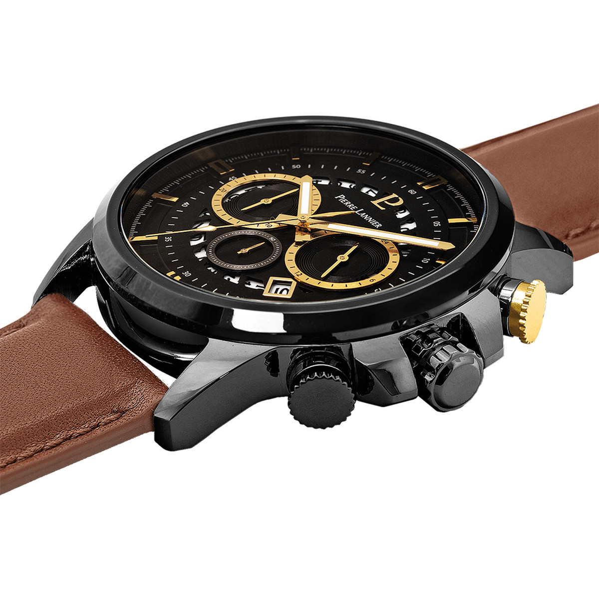 Montre PIERRE LANNIER Sentinelle homme chronographe acier noir  bracelet cuir brun - vue 2