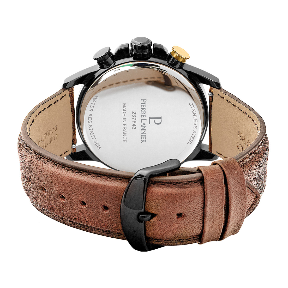 Montre PIERRE LANNIER Sentinelle homme chronographe acier noir  bracelet cuir brun - vue 3