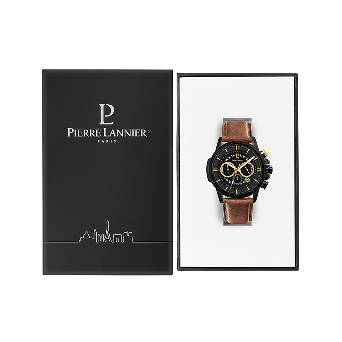 Montre PIERRE LANNIER Sentinelle homme chronographe acier noir  bracelet cuir brun - vue D1