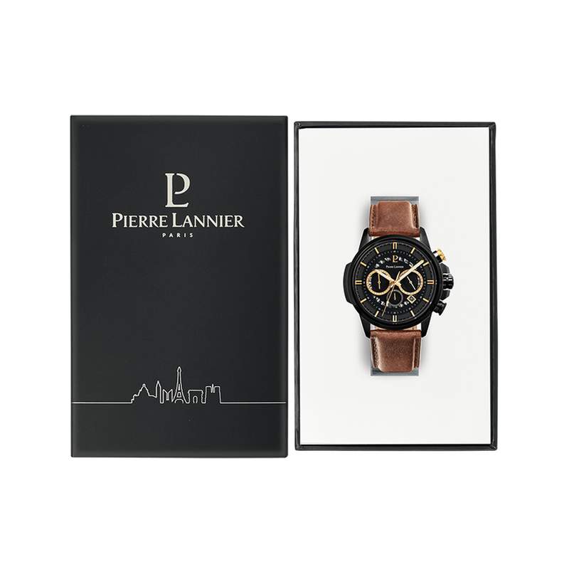 Montre PIERRE LANNIER Sentinelle homme chronographe acier noir  bracelet cuir brun - vue D1