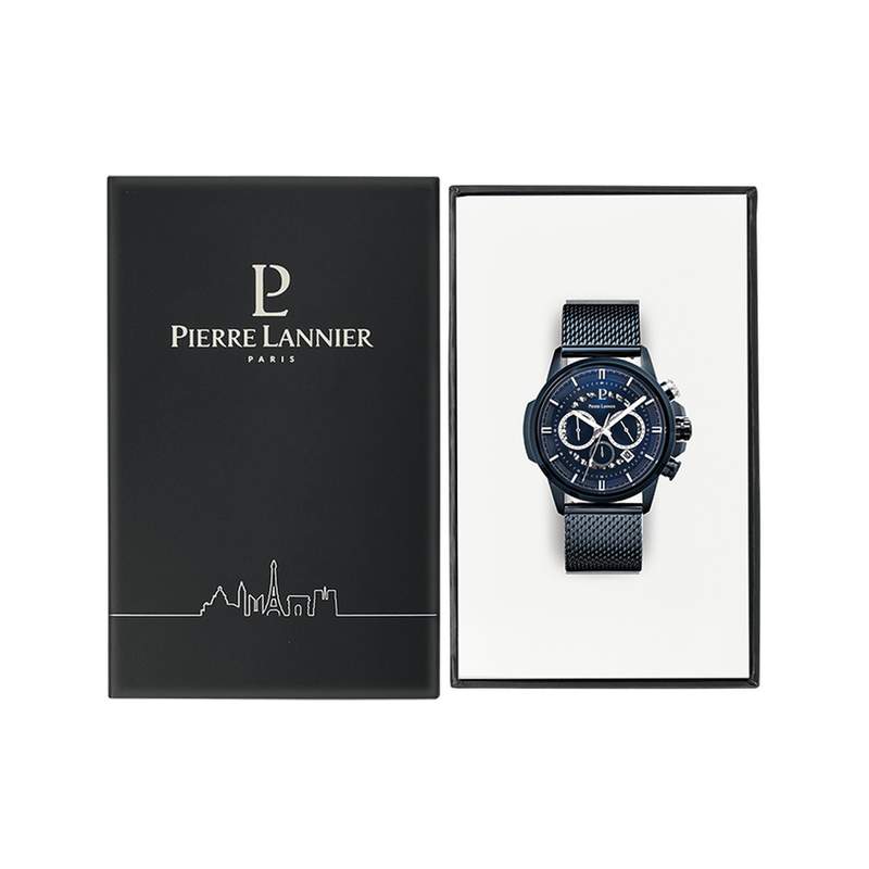 PIERRE LANNIER Sentinelle herenchronograaf met blauwe stalen armband - aanzicht D1