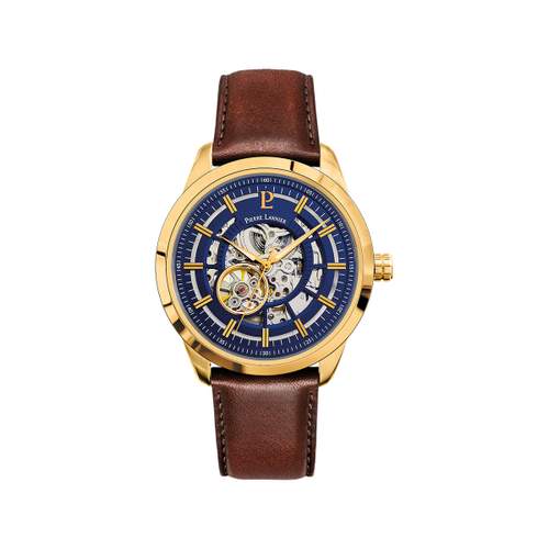 Montre PIERRE LANNIER automatic homme automatique acier doré bracelet cuir brun